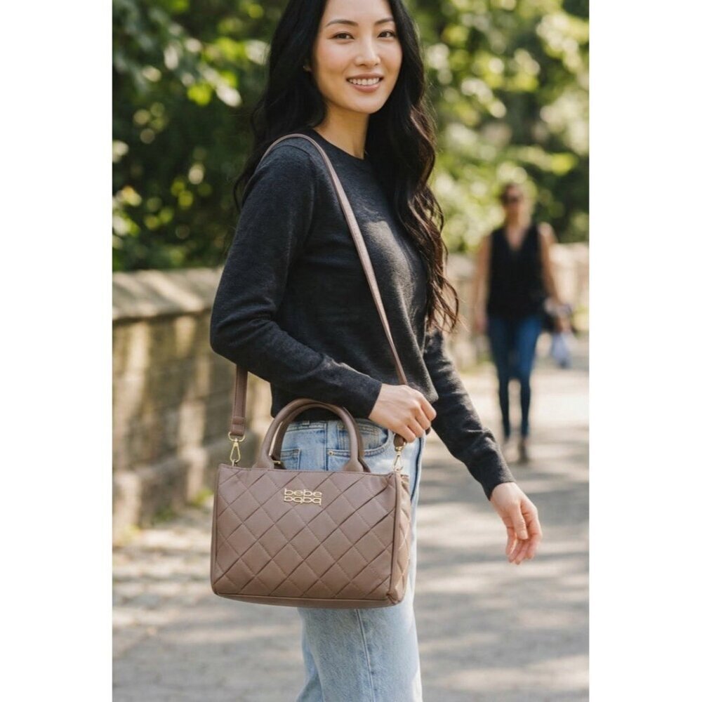 Bebe Everett Small Satchel Taupe Quilted Crossbody Handbag Purse NWT Wome